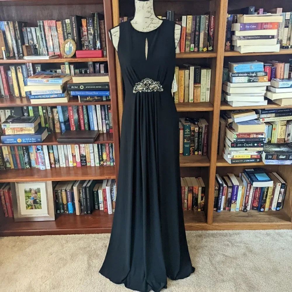 eliza J black knit gown jeweled pleated front high neck cut out sz 8 nwt